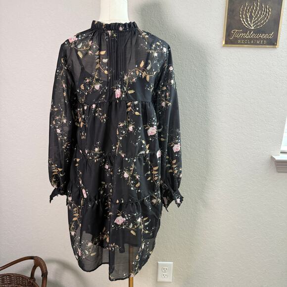 Women's All Saints Black Pullover Floral‎ Botanical Dress with Slip Size 0 NEW - Picture 7 of 11